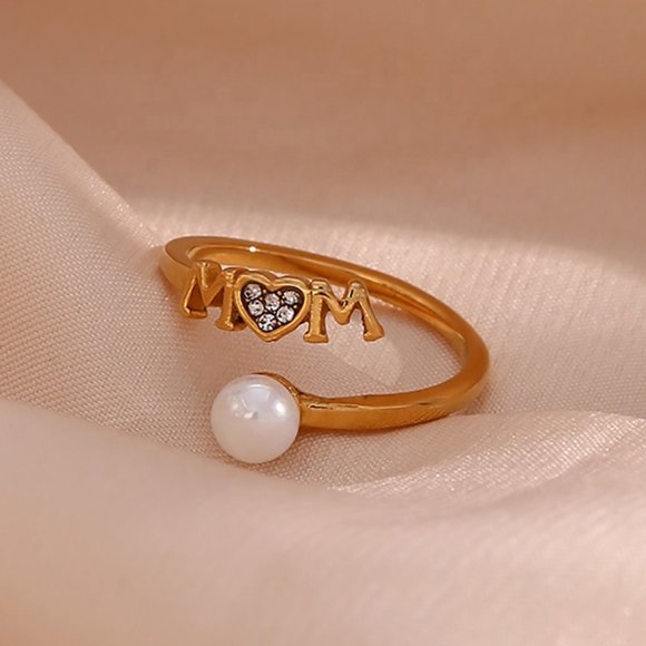 Lemonlimeblue Jewelry - Mom Adjustable Pearl Zircon Heart Stackable Ring 18K Gold Plated Stainless Steel